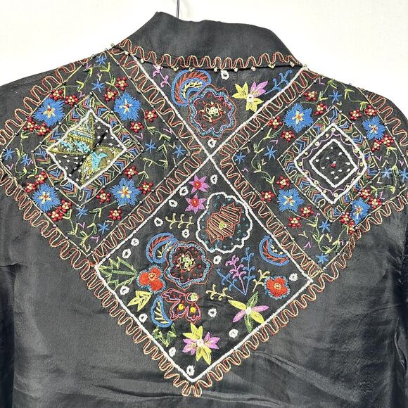 Sandy Starkman  Silk Embroidered Beaded Blouse Women's Size Medium Black - Picture 8 of 8